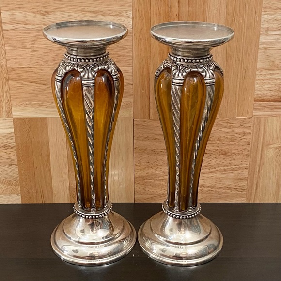 Rare Vintage MCM Mid Century Modern Amber Silver-plate Caged Candle Holder Set - Picture 1 of 12